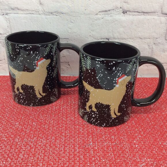 Dog Lover's Christmas Coffee/Tea/Hot Cocoa Mugs Set 2 Dog w/Santa Hat Snowflakes - Picture 1 of 6